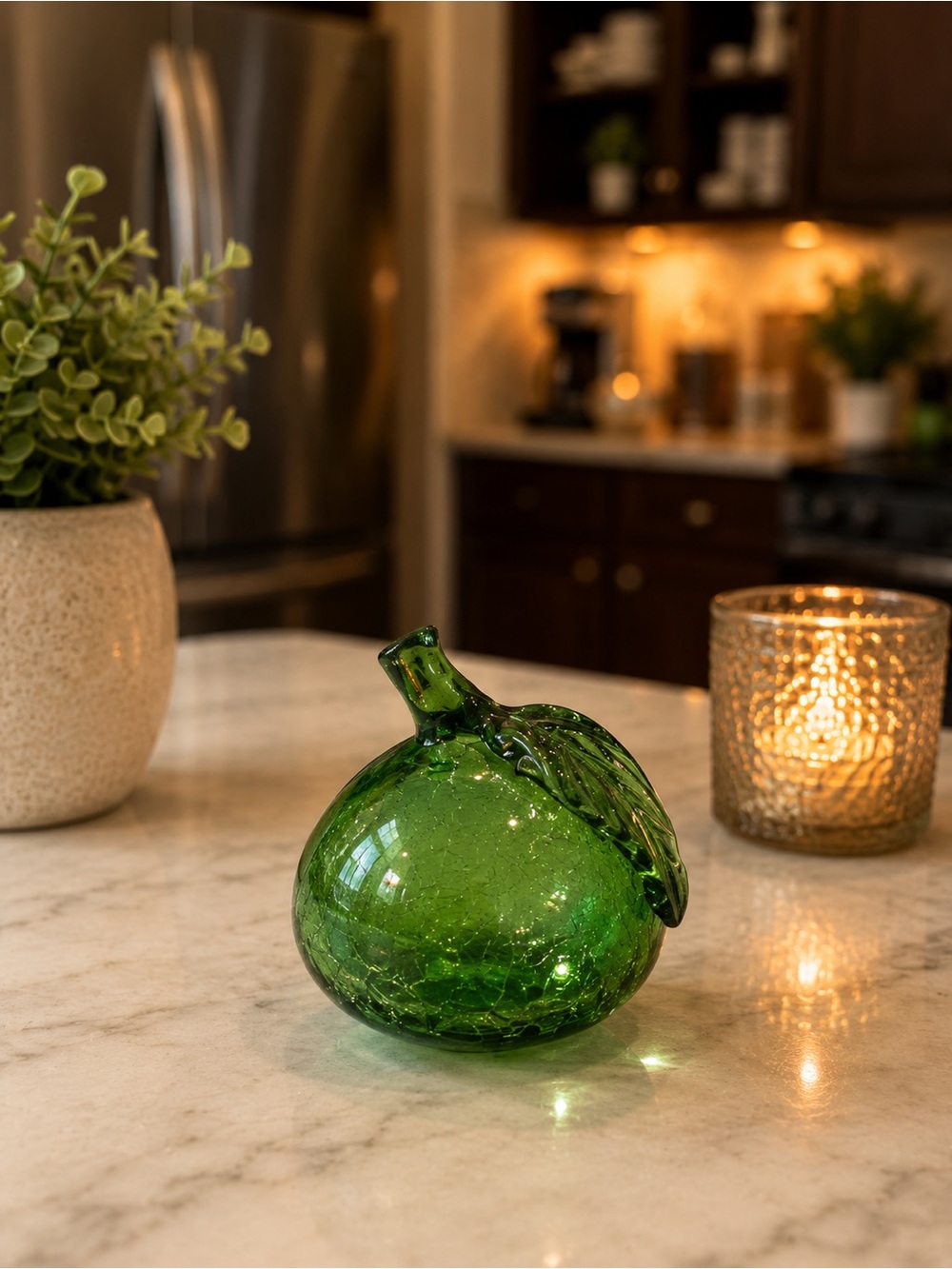 Vintage Emerald Green Hand Blown Crackle Glass Apple with Leaf | Studio Art